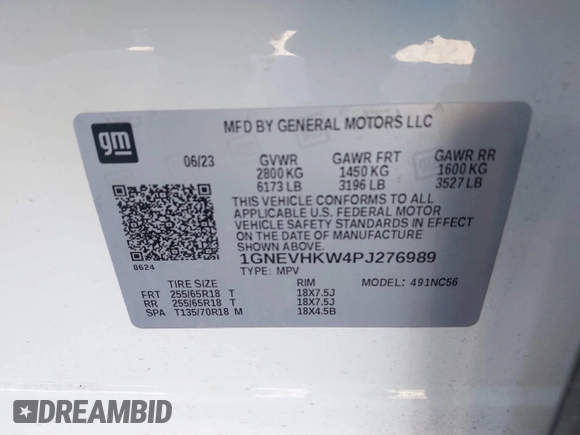 2023 Chevrolet Traverse LT Leather with VIN 1GNEVHKW4PJ276989, listed as a IAAI auction lot 40993865 with 38,265 mi miles. Bid and sale history available at carsss.com. Image 9.