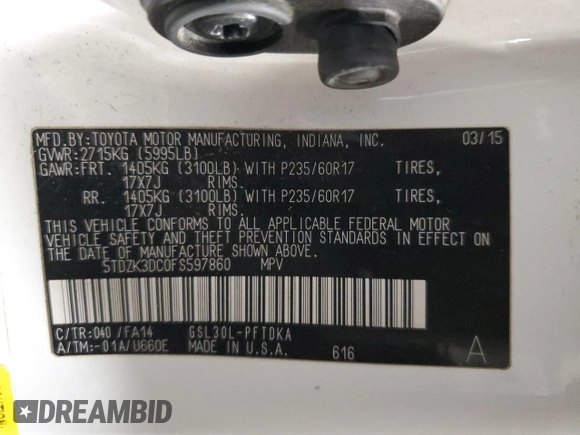 2015 Toyota Sienna L with VIN 5TDZK3DC0FS597860, listed as a Copart auction lot 43440125 with 138,375 mi miles and Salvage title. Bid and sale history available at DreamBid. Image 14.