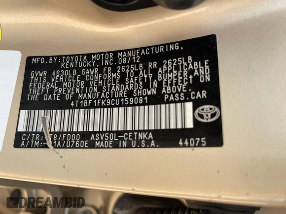 2012 Toyota Camry L with VIN 4T1BF1FK9CU159081, listed as a Copart auction lot 53348245 with 120,262 mi miles and Clean Title. Bid and sale history available at DreamBid. Image 10.