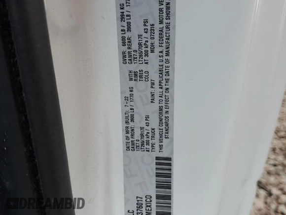 2022 Ram 1500 Tradesman with VIN 3C6JR7DG3NG376017, listed as a Copart auction lot 54113605 with 40,315 mi miles and Salvage title. Bid and sale history available at DreamBid. Image 12.