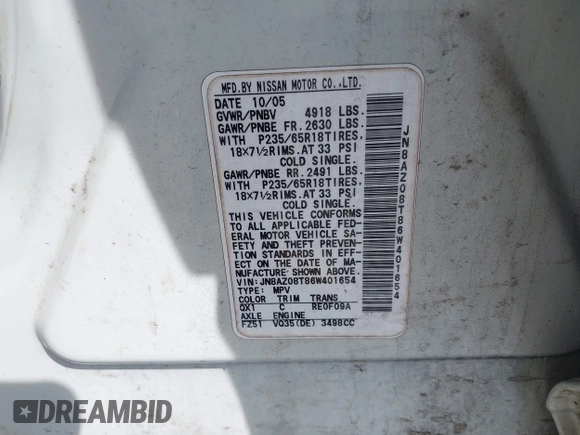 2006 Nissan Murano SL с VIN JN8AZ08T86W401654, выставлен на аукционе IAAI как лот 41929911 с пробегом 213 150 миль миль и . История ставок и продаж доступна на DreamBid. Изображение 9.