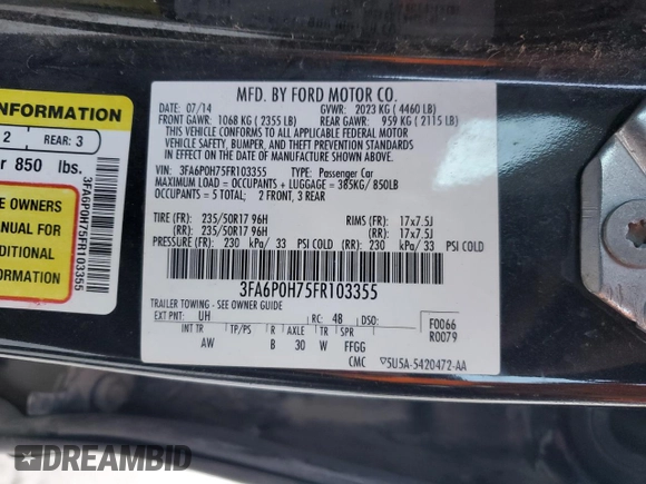 2015 Ford Fusion SE with VIN 3FA6P0H75FR103355, listed as a Copart auction lot 46282115 with 209,521 mi miles and Salvage Title. Bid and sale history available at DreamBid. Image 13.
