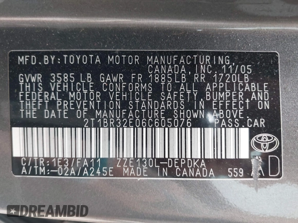 2006 Toyota Corolla CE with VIN 2T1BR32E06C605076, listed as a IAAI auction lot 42701855 with 160,810 mi miles and . Bid and sale history available at DreamBid. Image 9.