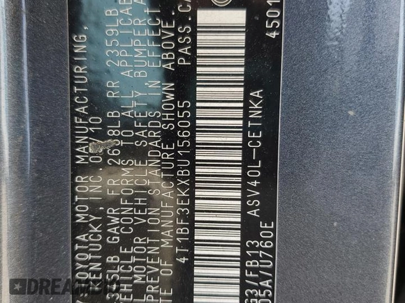 2011 Toyota Camry LE with VIN 4T1BF3EKXBU156055, listed as a Copart auction lot 55156235 with 153,055 mi miles and Salvage Title. Bid and sale history available at DreamBid. Image 12.