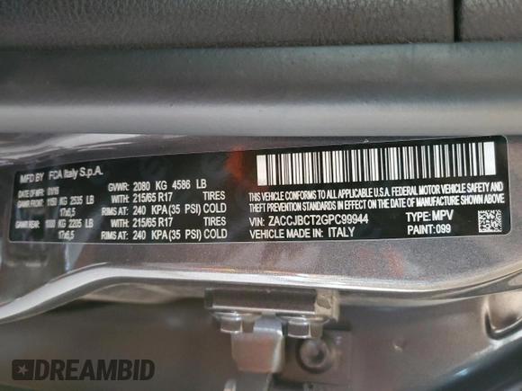 2016 Jeep Renegade Trailhawk with VIN ZACCJBCT2GPC99944, listed as a Copart auction lot 58159045 with Not provided miles and Salvage title. Bid and sale history available at DreamBid. Image 12.