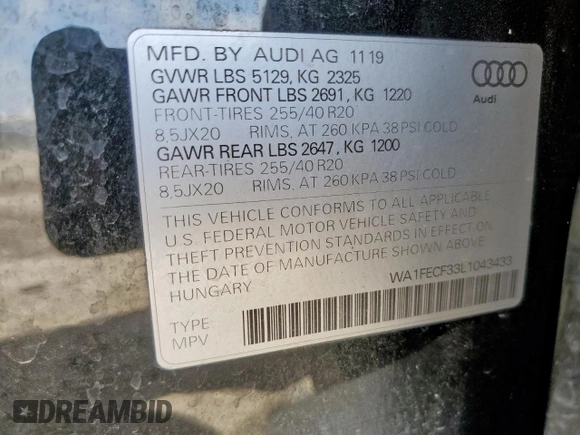 2020 Audi Q3 S line Prestige with VIN WA1FECF33L1043433, listed as a Copart auction lot 61084885 with 58,607 mi miles and Salvage title. Bid and sale history available at DreamBid. Image 12.