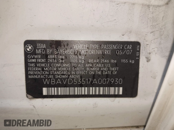 2007 BMW 3 Series 335xi with VIN WBAVD53517A007930, listed as a IAAI auction lot 41901519 with 146,490 mi miles and . Bid and sale history available at carsss.com. Image 9.