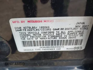 2008 Mitsubishi Lancer GTS with VIN JA3AU86U58U044273, listed as a IAAI auction lot 41946711 with 134,075 mi miles and . Bid and sale history available at carsss.com. Image 9.