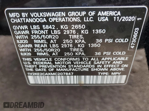 2021 Volkswagen Atlas SE with VIN 1V2KE2CAXMC207847, listed as a Copart auction lot 67691594 with 42,298 mi miles and Salvage title. Bid and sale history available at DreamBid. Image 16.