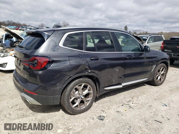 2022 BMW X3 xDrive30i with VIN 5UX53DP07N9K59614, listed as a Copart auction lot 45942415 with 27,961 mi miles and Salvage Title. Bid and sale history available at DreamBid. Image 3.