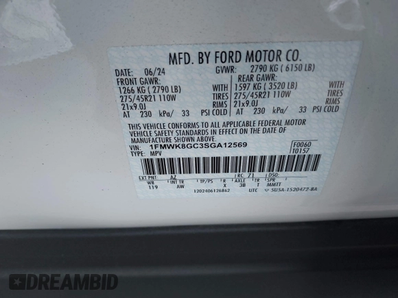2025 Ford Explorer ST with VIN 1FMWK8GC3SGA12569, listed as a IAAI auction lot 41096434 with 591 mi miles. Bid and sale history available at carsss.com. Image 9.