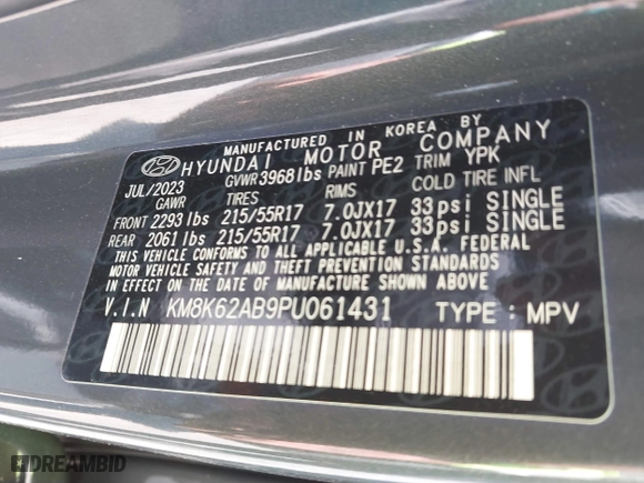 2023 Hyundai Kona SEL with VIN KM8K62AB9PU061431, listed as a IAAI auction lot 41890284 with 3,377 mi miles. Bid and sale history available at carsss.com. Image 9.
