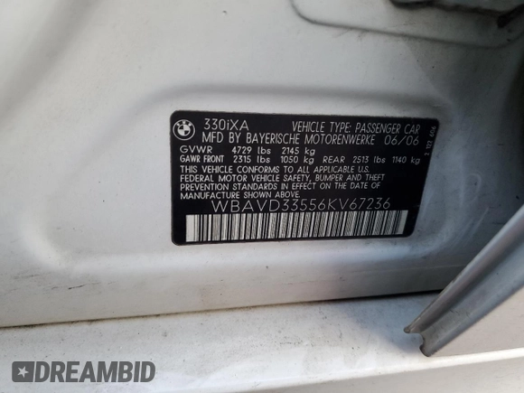 2006 BMW 3 Series 330xi with VIN WBAVD33556KV67236, listed as a Copart auction lot 42151415 with 0 mi miles and Salvage Title. Bid and sale history available at carsss.com. Image 14.