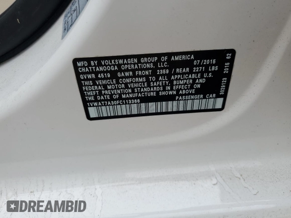 2015 Volkswagen Passat Wolfsburg Edition with VIN 1VWAT7A30FC113366, listed as a Copart auction lot 59846505 with 110,613 mi miles and Salvage title. Bid and sale history available at DreamBid. Image 12.