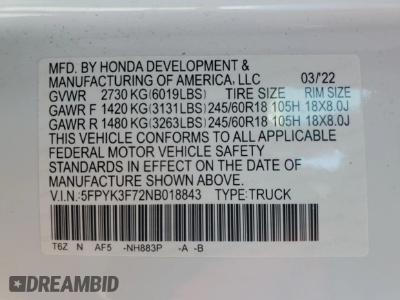 2022 Honda Ridgeline RTL-E with VIN 5FPYK3F72NB018843, listed as a Copart auction lot 50070165 with 53,043 mi miles and Salvage Title. Bid and sale history available at DreamBid. Image 12.