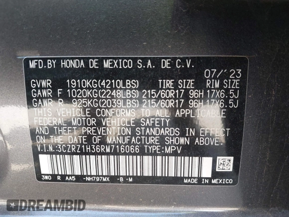 2024 Honda HR-V LX with VIN 3CZRZ1H36RM716066, listed as a IAAI auction lot 42304022 with 19,031 mi miles and . Bid and sale history available at DreamBid. Image 9.