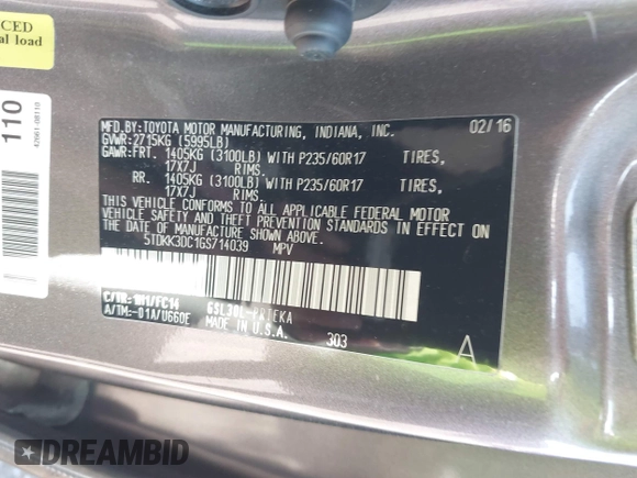 2016 Toyota Sienna LE AAS with VIN 5TDKK3DC1GS714039, listed as a IAAI auction lot 41868423 with 150,817 mi miles. Bid and sale history available at carsss.com. Image 9.