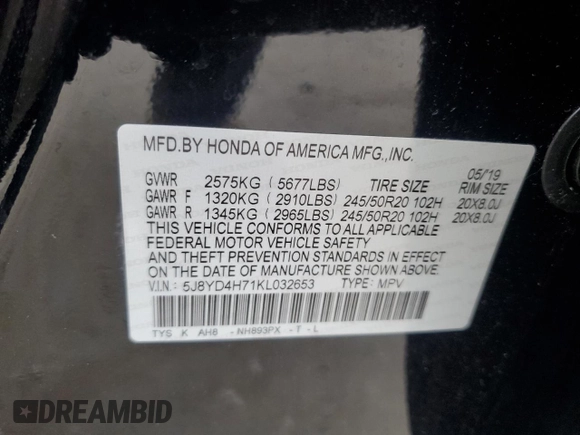 2019 Acura MDX Technology with VIN 5J8YD4H71KL032653, listed as a Copart auction lot 45511055 with Not provided miles and Salvage title. Bid and sale history available at DreamBid. Image 15.