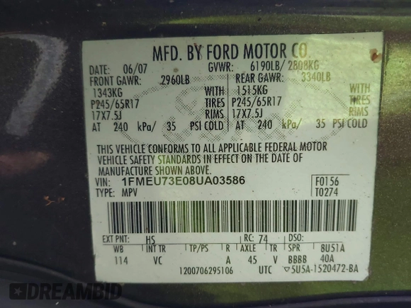 2008 Ford Explorer XLT with VIN 1FMEU73E08UA03586, listed as a IAAI auction lot 41872966 with 145,411 mi miles and . Bid and sale history available at DreamBid. Image 9.
