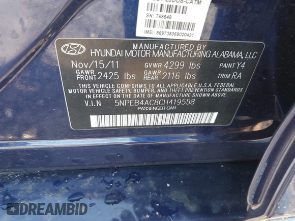 2012 Hyundai Sonata GLS with VIN 5NPEB4AC8CH419558, listed as a IAAI auction lot 41992079 with 175,546 mi miles. Bid and sale history available at carsss.com. Image 9.