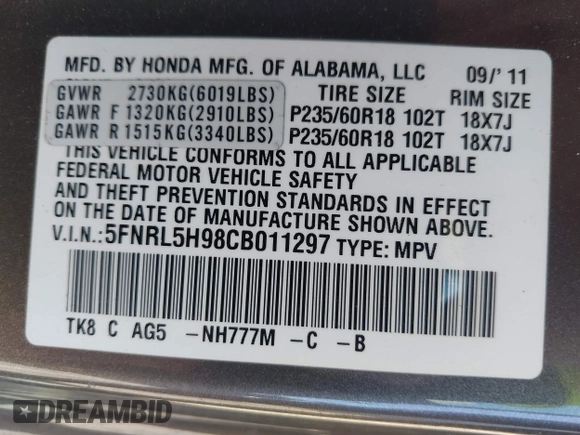 2012 Honda Odyssey Touring with VIN 5FNRL5H98CB011297, listed as a IAAI auction lot 42207061 with 154,073 mi miles and . Bid and sale history available at DreamBid. Image 9.
