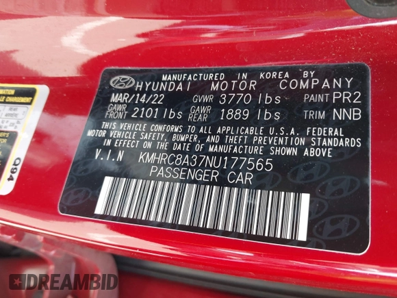 2022 Hyundai Venue Limited with VIN KMHRC8A37NU177565, listed as a IAAI auction lot 41735253 with Not Provided miles and . Bid and sale history available at DreamBid. Image 9.