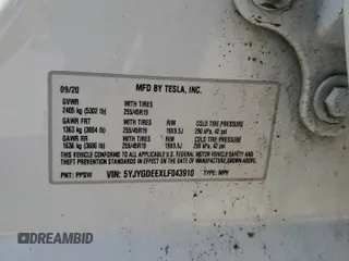 2020 Tesla Model Y Long Range z VIN 5YJYGDEEXLF043910, wystawiony jako Copart lot #54007745 z przebiegiem 102 974 mil mil oraz Szkoda całkowita • Salvage title. Historia ofert i sprzedaży dostępna na DreamBid. Obrazek 13.