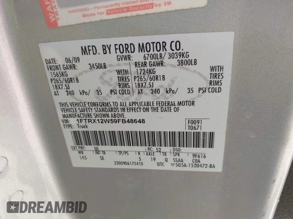 2009 Ford F-150 STX with VIN 1FTRX12W59FB48648, listed as a IAAI auction lot 42585400 with 194,483 mi miles and . Bid and sale history available at DreamBid. Image 9.