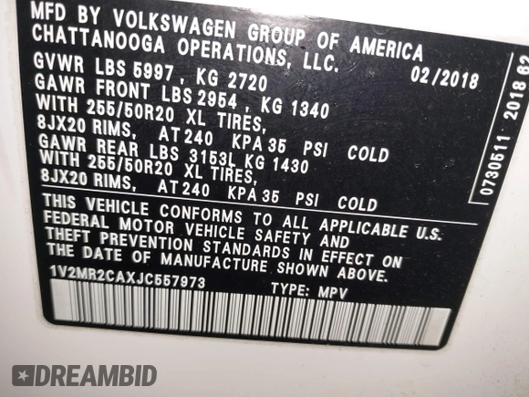 2018 Volkswagen Atlas SEL with VIN 1V2MR2CAXJC557973, listed as a IAAI auction lot 41535114 with 107,894 mi miles and . Bid and sale history available at DreamBid. Image 9.