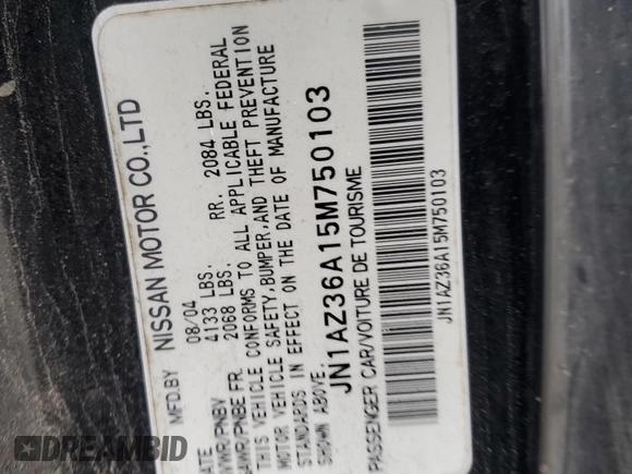 2005 Nissan 350Z Touring with VIN JN1AZ36A15M750103, listed as a Copart auction lot 44375825 with 184,550 mi miles and Salvage title. Bid and sale history available at DreamBid. Image 12.