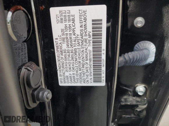 2022 Honda Pilot EX-L с VIN 5FNYF5H51NB010107, выставлен на аукционе Copart как лот 53521565 с пробегом 25 477 миль миль и Списание • Salvage title. История ставок и продаж доступна на DreamBid. Изображение 12.