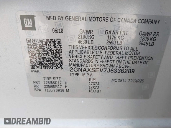 2018 Chevrolet Equinox LT with VIN 2GNAXSEV7J6336289, listed as a IAAI auction lot 42021056 with 94,998 mi miles and . Bid and sale history available at carsss.com. Image 9.