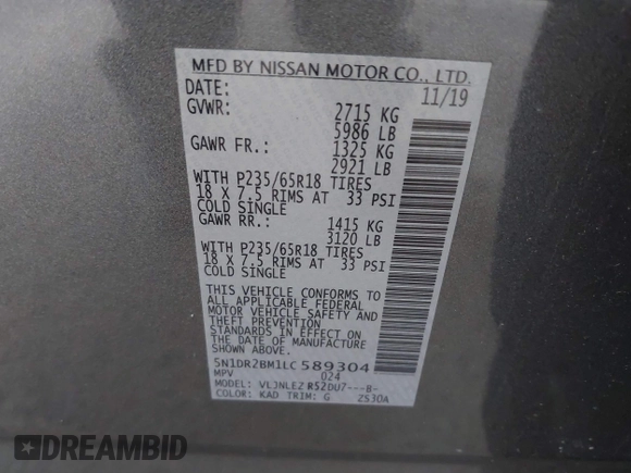 2020 Nissan Pathfinder SV with VIN 5N1DR2BM1LC589304, listed as a IAAI auction lot 42063818 with 96,135 mi miles. Bid and sale history available at carsss.com. Image 9.