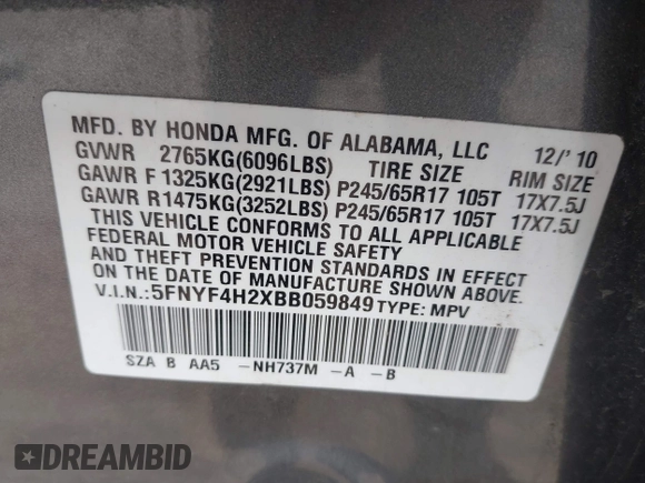 2011 Honda Pilot LX with VIN 5FNYF4H2XBB059849, listed as a IAAI auction lot 42498198 with 212,945 mi miles and . Bid and sale history available at DreamBid. Image 9.