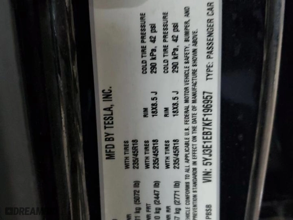 2019 Tesla Model 3 Long Range with VIN 5YJ3E1EB7KF196957, listed as a Copart auction lot 44226445 with 137,542 mi miles and Salvage Title. Bid and sale history available at carsss.com. Image 12.