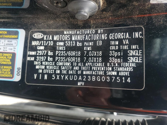 2011 Kia Sorento EX with VIN 5XYKUDA23BG037514, listed as a Copart auction lot 55609025 with 186,135 mi miles and Clean Title. Bid and sale history available at DreamBid. Image 13.