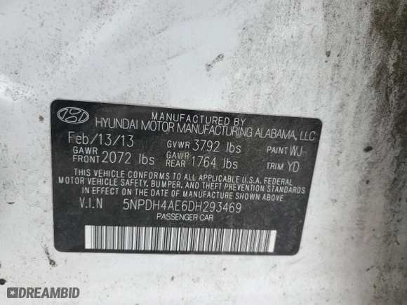 2013 Hyundai Elantra GLS PZEV with VIN 5NPDH4AE6DH293469, listed as a Copart auction lot 51676485 with 210,555 mi miles and Clean Title. Bid and sale history available at carsss.com. Image 12.