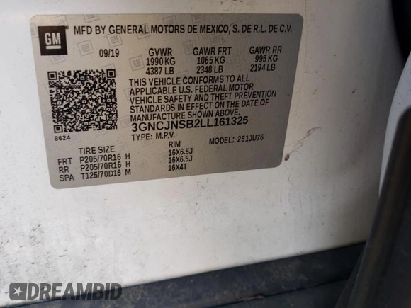 2020 Chevrolet Trax LS with VIN 3GNCJNSB2LL161325, listed as a Copart auction lot 73799874 with 83,190 mi miles and Salvage Title. Bid and sale history available at carsss.com. Image 14.