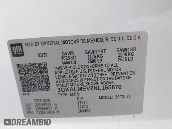2022 GMC Terrain SLE with VIN 3GKALMEV2NL165876, listed as a IAAI auction lot 41893833 with Not provided miles and . Bid and sale history available at DreamBid. Image 9.