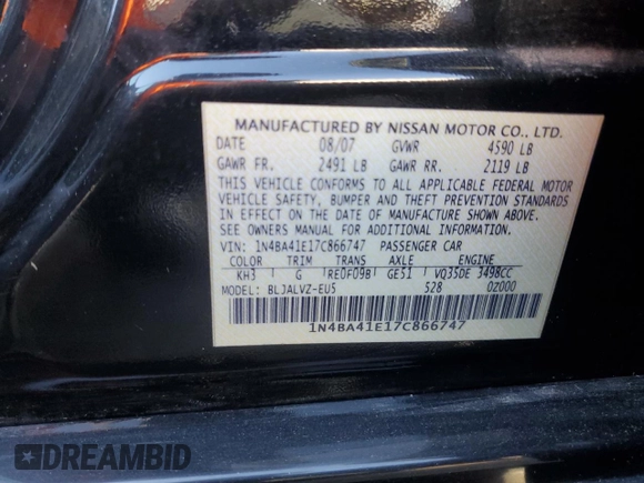 2007 Nissan Maxima SE z VIN 1N4BA41E17C866747, wystawiony jako Copart lot #89259195 z przebiegiem 88 733 mil mil oraz Szkoda całkowita • Salvage title. Historia ofert i sprzedaży dostępna na DreamBid. Obrazek 12.
