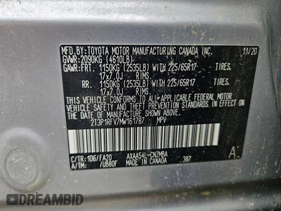 2021 Toyota RAV4 XLE with VIN 2T3P1RFV7MW161787, listed as a Copart auction lot 60937395 with 91,377 mi miles and Salvage title. Bid and sale history available at DreamBid. Image 11.
