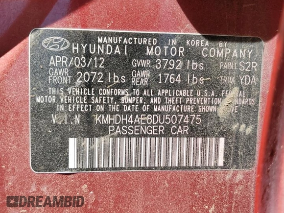 2013 Hyundai Elantra GLS with VIN KMHDH4AE8DU507475, listed as a Copart auction lot 58737755 with 184,629 mi miles and Clean title. Bid and sale history available at DreamBid. Image 12.