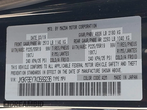 2019 Mazda CX-5 Signature with VIN JM3KFBEY7K0589236, listed as a IAAI auction lot 42078418 with 86,959 mi miles. Bid and sale history available at carsss.com. Image 9.