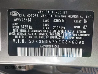 2014 Kia Optima EX with VIN 5XXGN4A7XEG346890, listed as a IAAI auction lot 42174866 with 179,450 mi miles and . Bid and sale history available at carsss.com. Image 9.