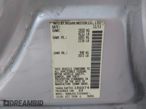 2014 Nissan Altima 2.5 S with VIN 1N4AL3AP7EC186074, listed as a IAAI auction lot 41983257 with 103,396 mi miles. Bid and sale history available at carsss.com. Image 9.
