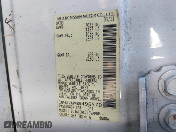 2011 Nissan Altima SR with VIN 1N4BL2AP4BN496570, listed as a IAAI auction lot 42687045 with 138,866 mi miles and . Bid and sale history available at DreamBid. Image 9.