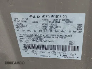 2008 Ford F-150 XL with VIN 1FTRW12WX8FA78405, listed as a IAAI auction lot 41902791 with 218,590 mi miles. Bid and sale history available at carsss.com. Image 9.