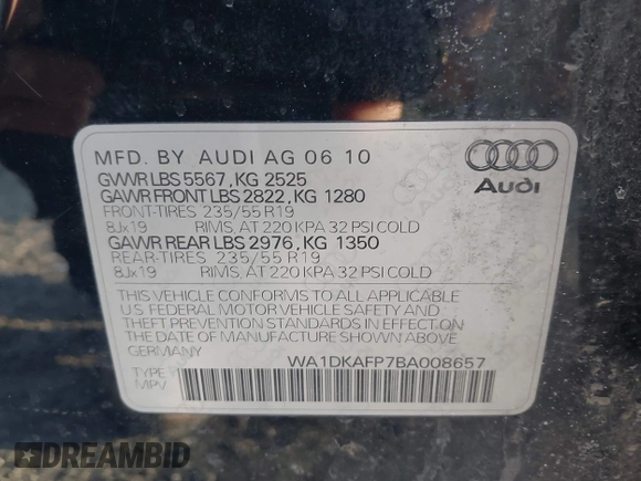 2011 Audi Q5 3.2L Premium Plus with VIN WA1DKAFP7BA008657, listed as a IAAI auction lot 41440493 with 174,033 mi miles. Bid and sale history available at carsss.com. Image 9.