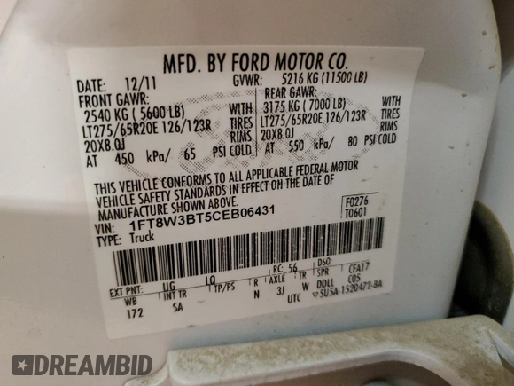 2012 Ford F-350 XL with VIN 1FT8W3BT5CEB06431, listed as a Copart auction lot 56384855 with 199,175 mi miles and Clean title. Bid and sale history available at DreamBid. Image 12.