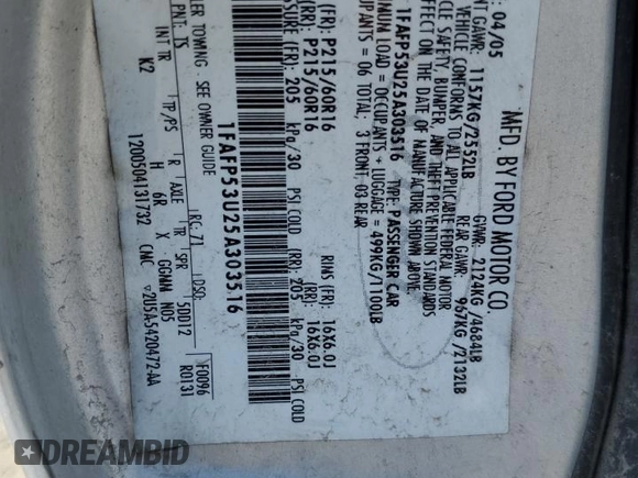 2005 Ford Taurus SE with VIN 1FAFP53U25A303516, listed as a Copart auction lot 63250505 with 203,463 mi miles and Salvage title. Bid and sale history available at DreamBid. Image 12.